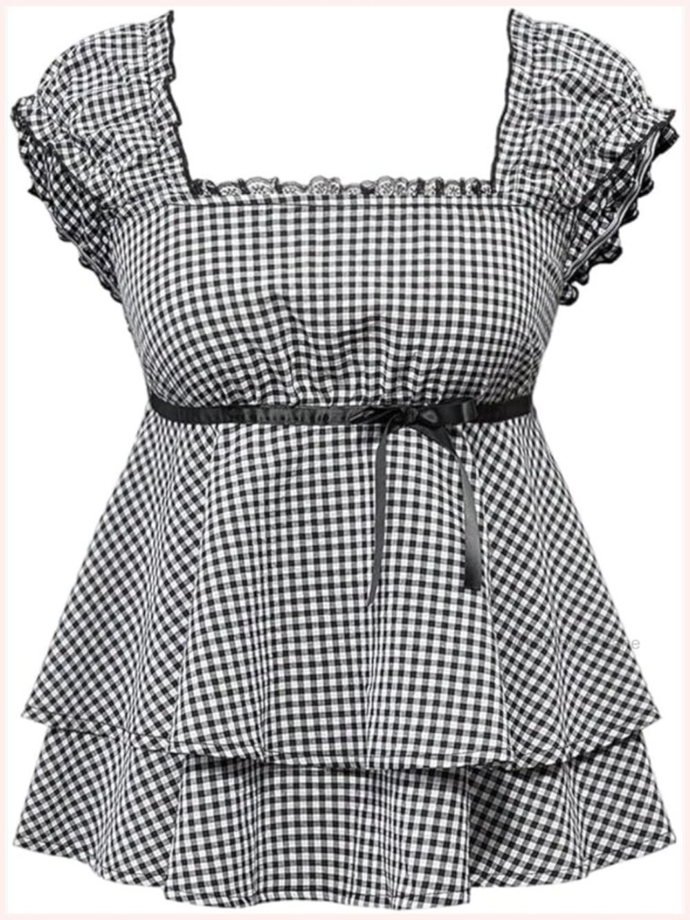 Women Plus Size Gingham Babydoll Top Bow Square Neck Blouse Y2K